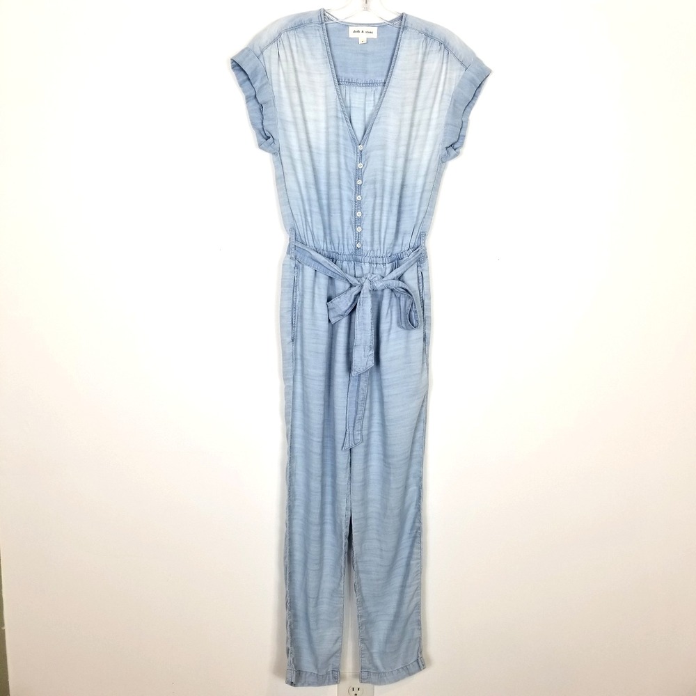 Cloth & Stone Tencel Chambray Jumpsuit Sz S Blue Short Sleeve Belted Boho